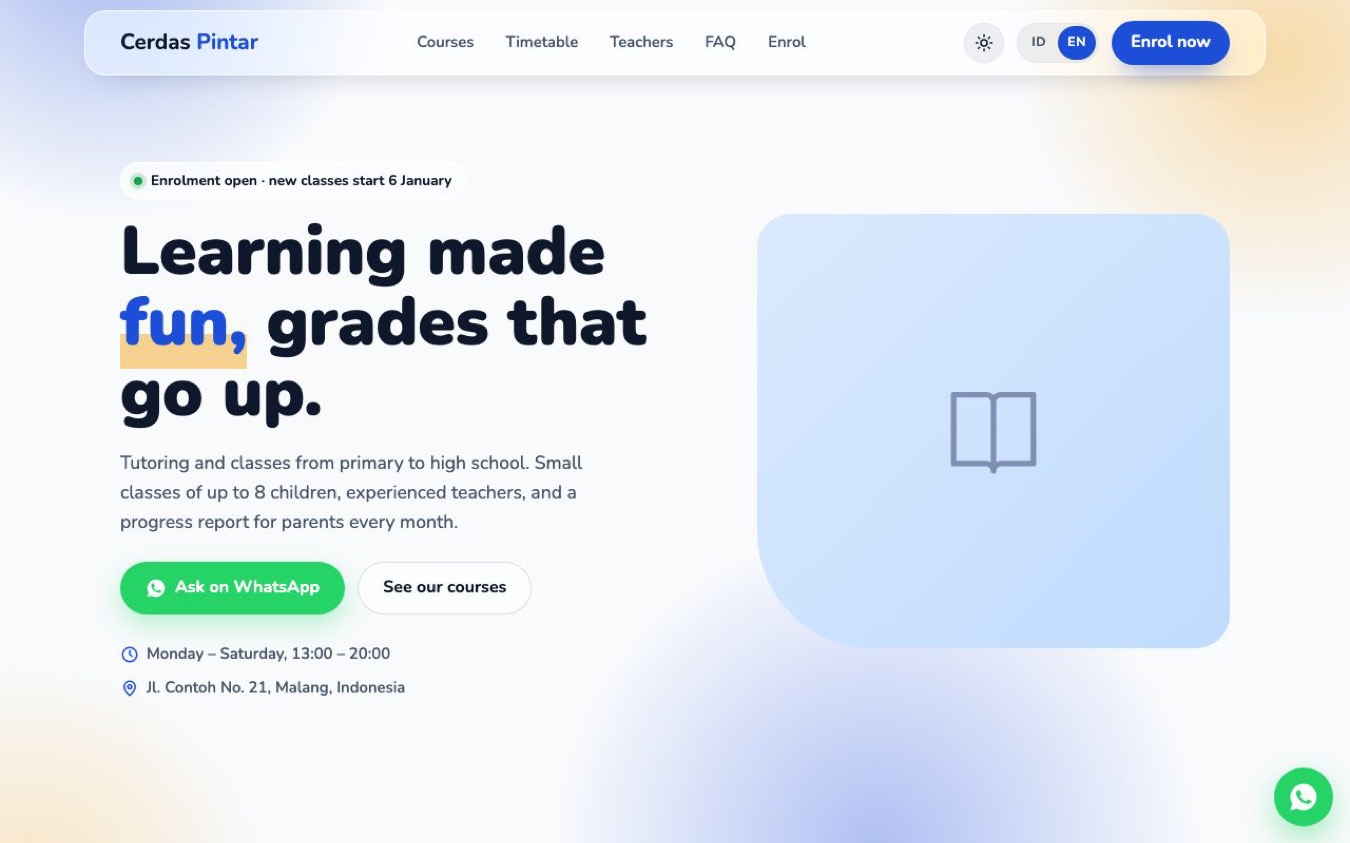Tutoring Centre & Course Website Template: preview desktop
